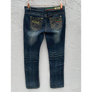 Googi Womens Straight Leg Embellished Distressed Blue Jeans Sz 9/10